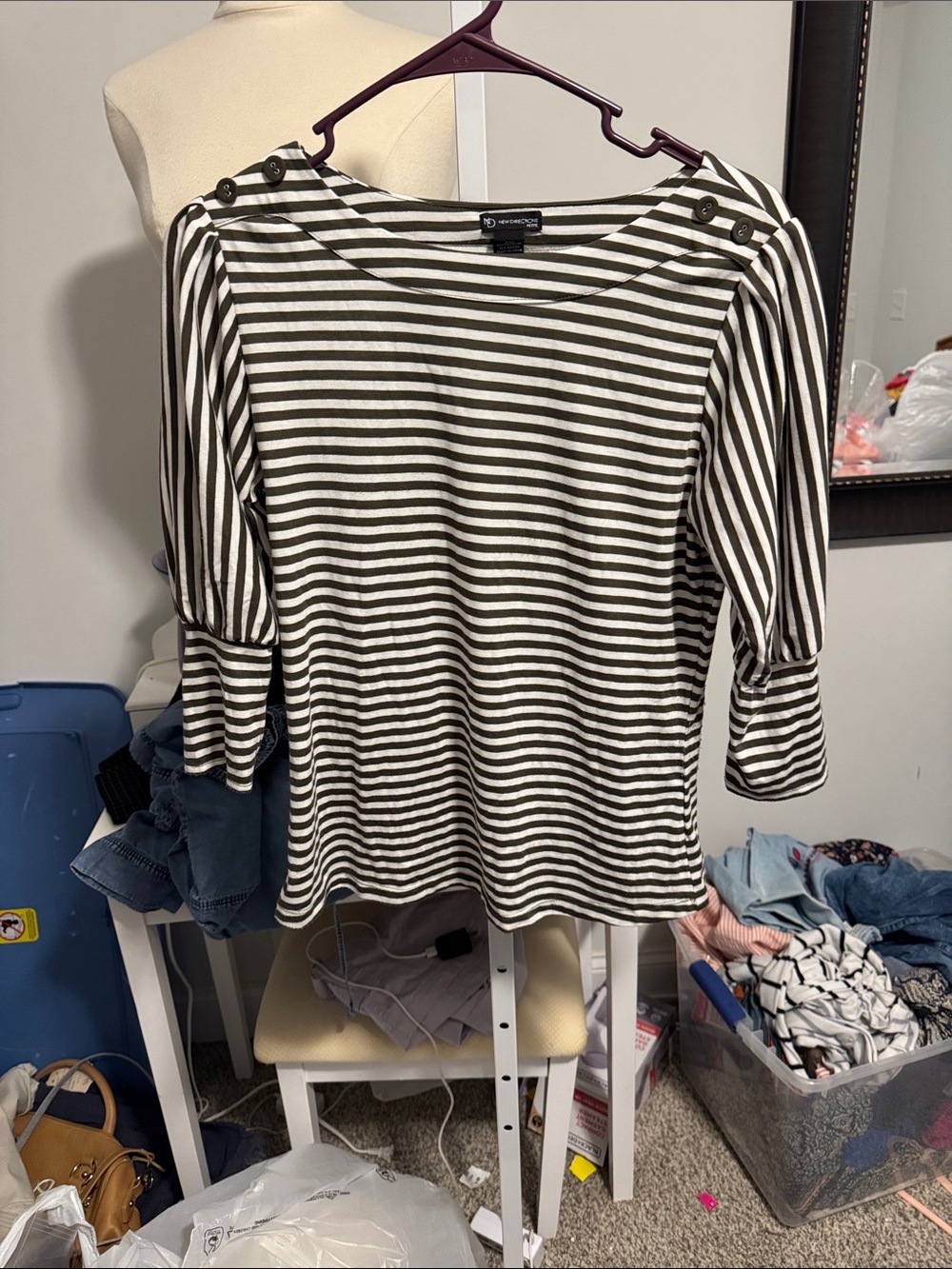 New directions brown and White Striped Boatneck Top with Button Shoulders